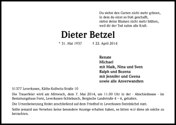 Anzeige von Dieter Betzel von Kölner Stadt-Anzeiger / Kölnische Rundschau / Express