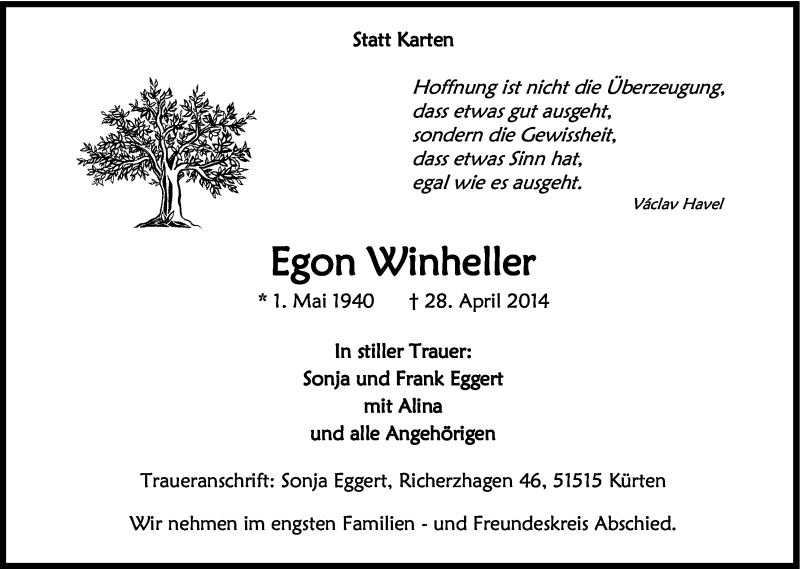  Traueranzeige für Egon Winheller vom 30.04.2014 aus Kölner Stadt-Anzeiger / Kölnische Rundschau / Express