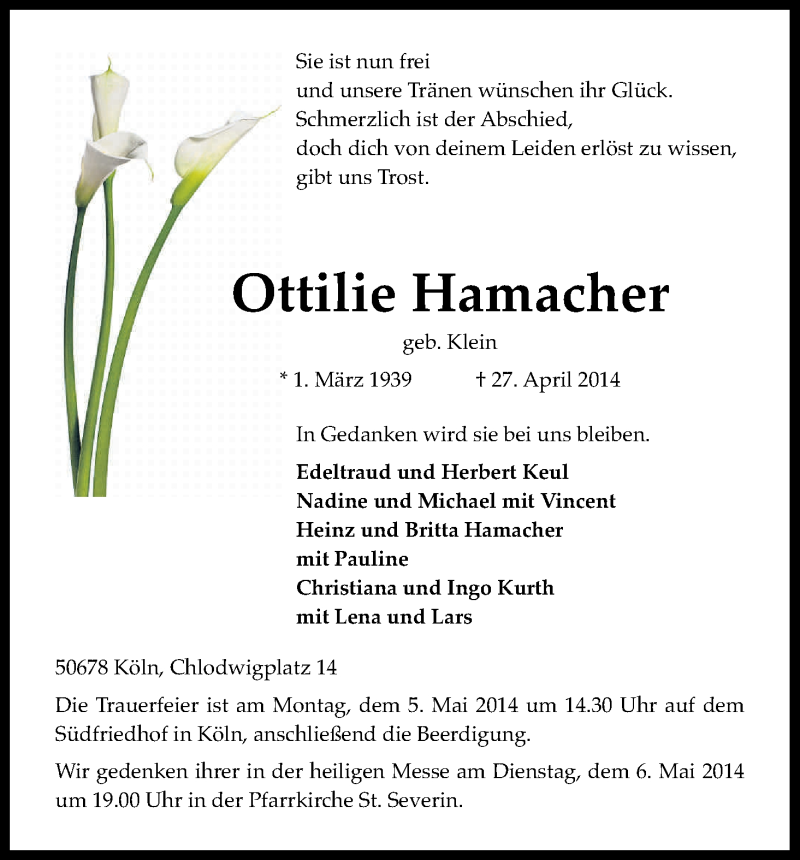  Traueranzeige für Ottilie Hamacher vom 30.04.2014 aus Kölner Stadt-Anzeiger / Kölnische Rundschau / Express
