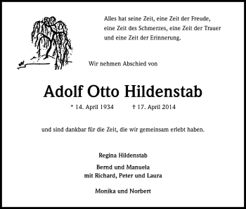 Anzeige von Adolf Otto Hildenstab von Kölner Stadt-Anzeiger / Kölnische Rundschau / Express