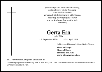Anzeige von Gerta Ern von Kölner Stadt-Anzeiger / Kölnische Rundschau / Express