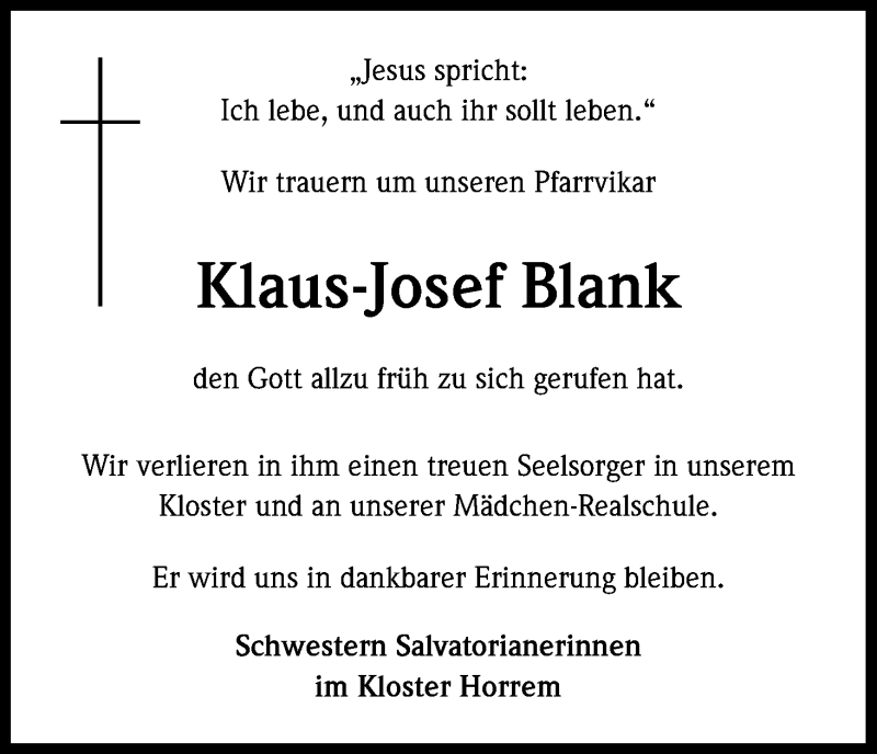  Traueranzeige für Klaus-Josef Blank vom 01.05.2014 aus Kölner Stadt-Anzeiger / Kölnische Rundschau / Express