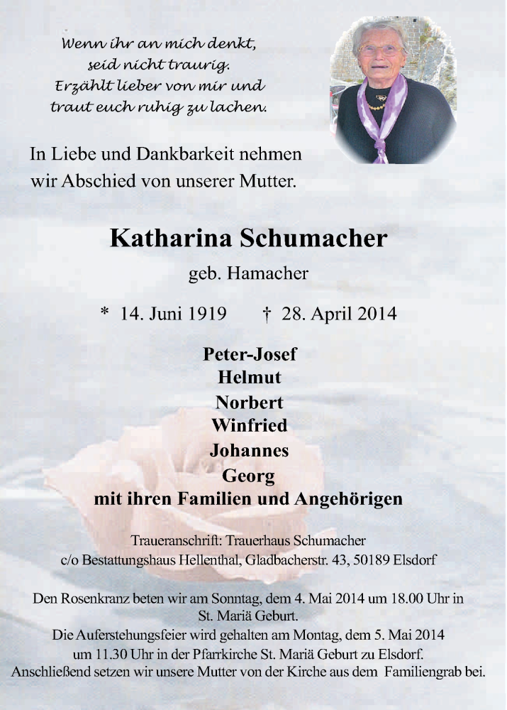  Traueranzeige für Katharina Schumacher vom 03.05.2014 aus Kölner Stadt-Anzeiger / Kölnische Rundschau / Express