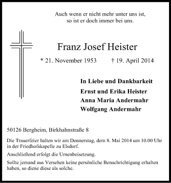 Anzeige von Franz Josef Heister von Kölner Stadt-Anzeiger / Kölnische Rundschau / Express