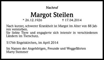 Anzeige von Margot Steilen von Kölner Stadt-Anzeiger / Kölnische Rundschau / Express
