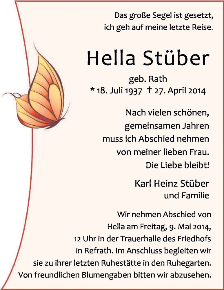  Traueranzeige für Hella Stüber vom 01.05.2014 aus Kölner Stadt-Anzeiger / Kölnische Rundschau / Express