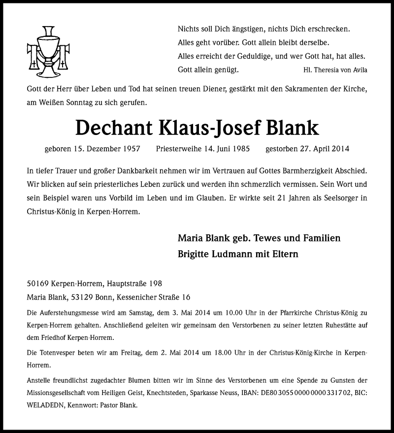  Traueranzeige für Klaus-Josef Blank vom 01.05.2014 aus Kölner Stadt-Anzeiger / Kölnische Rundschau / Express