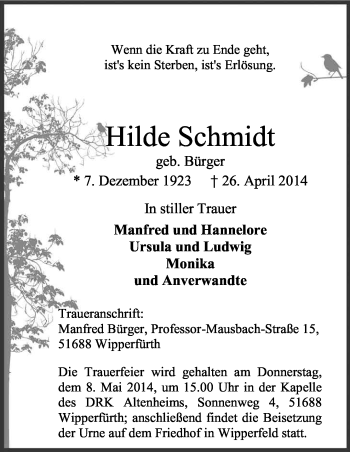Anzeige von Hilde Schmidt von Kölner Stadt-Anzeiger / Kölnische Rundschau / Express
