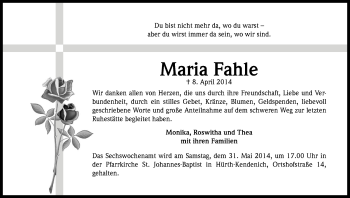 Anzeige von Maria Fahle von Kölner Stadt-Anzeiger / Kölnische Rundschau / Express