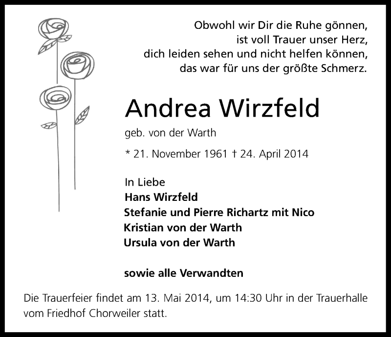  Traueranzeige für Andrea Wirzfeld vom 03.05.2014 aus Kölner Stadt-Anzeiger / Kölnische Rundschau / Express