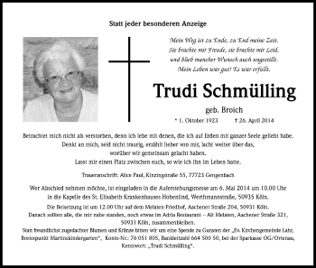 Anzeige von Trudi Schmülling von Kölner Stadt-Anzeiger / Kölnische Rundschau / Express