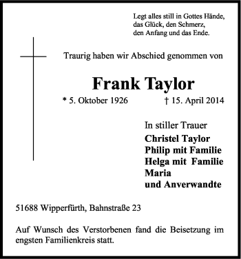 Anzeige von Frank Taylor von Kölner Stadt-Anzeiger / Kölnische Rundschau / Express
