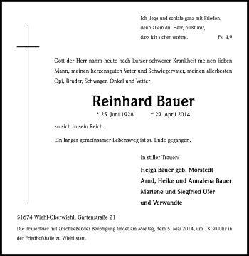 Anzeige von Reinhard Bauer von Kölner Stadt-Anzeiger / Kölnische Rundschau / Express