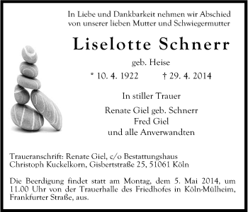 Anzeige von Liselotte Schnerr von Kölner Stadt-Anzeiger / Kölnische Rundschau / Express