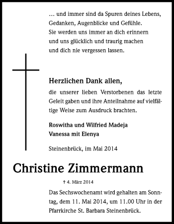 Anzeige von Christine Zimmermann von Kölner Stadt-Anzeiger / Kölnische Rundschau / Express