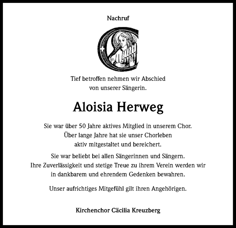  Traueranzeige für Aloisia Herweg vom 03.05.2014 aus Kölner Stadt-Anzeiger / Kölnische Rundschau / Express