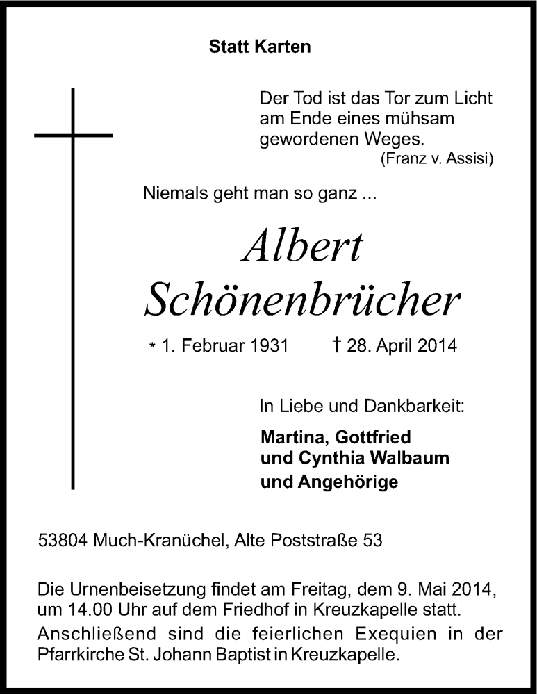  Traueranzeige für Albert Schönenbrücher vom 03.05.2014 aus Kölner Stadt-Anzeiger / Kölnische Rundschau / Express