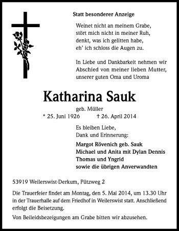 Anzeige von Katharina Sauk von Kölner Stadt-Anzeiger / Kölnische Rundschau / Express