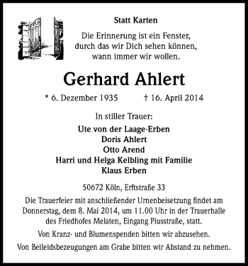 Anzeige von Gerhard Ahlert von Kölner Stadt-Anzeiger / Kölnische Rundschau / Express