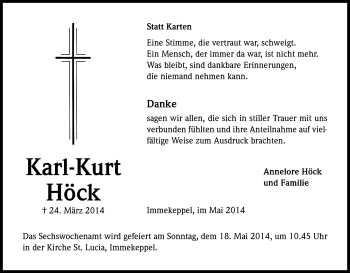 Anzeige von Karl-Kurt Höck von Kölner Stadt-Anzeiger / Kölnische Rundschau / Express