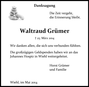 Anzeige von Waltraud Grümer von Kölner Stadt-Anzeiger / Kölnische Rundschau / Express