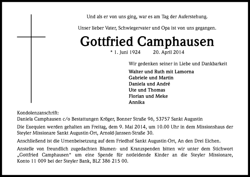  Traueranzeige für Gottfried Camphausen vom 03.05.2014 aus Kölner Stadt-Anzeiger / Kölnische Rundschau / Express