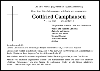 Anzeige von Gottfried Camphausen von Kölner Stadt-Anzeiger / Kölnische Rundschau / Express