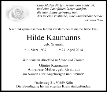 Anzeige von Hilde Kaumanns von Kölner Stadt-Anzeiger / Kölnische Rundschau / Express