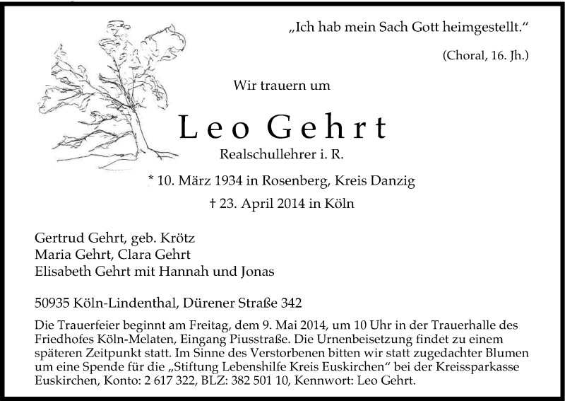  Traueranzeige für Leo Gehrt vom 03.05.2014 aus Kölner Stadt-Anzeiger / Kölnische Rundschau / Express