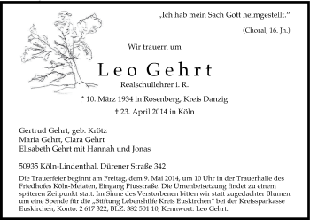 Anzeige von Leo Gehrt von Kölner Stadt-Anzeiger / Kölnische Rundschau / Express