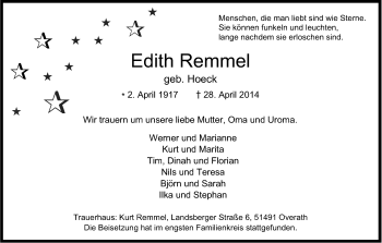 Anzeige von Edith Remmel von Kölner Stadt-Anzeiger / Kölnische Rundschau / Express