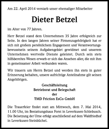 Anzeige von Dieter Betzel von Kölner Stadt-Anzeiger / Kölnische Rundschau / Express