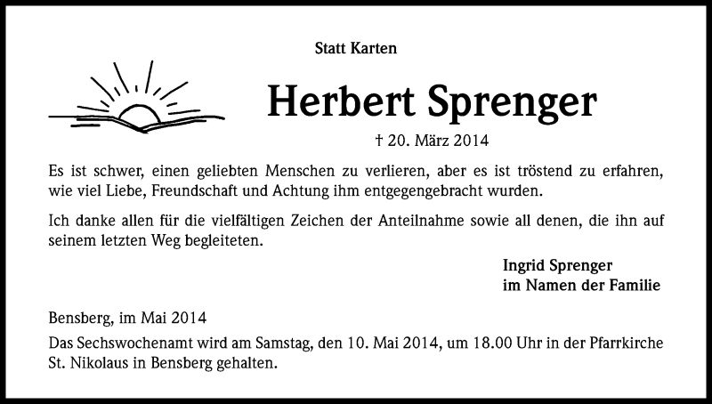  Traueranzeige für Herbert Sprenger vom 03.05.2014 aus Kölner Stadt-Anzeiger / Kölnische Rundschau / Express