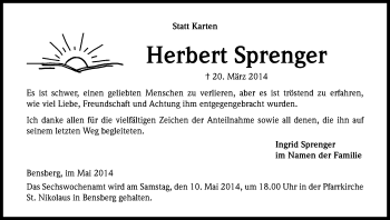 Anzeige von Herbert Sprenger von Kölner Stadt-Anzeiger / Kölnische Rundschau / Express