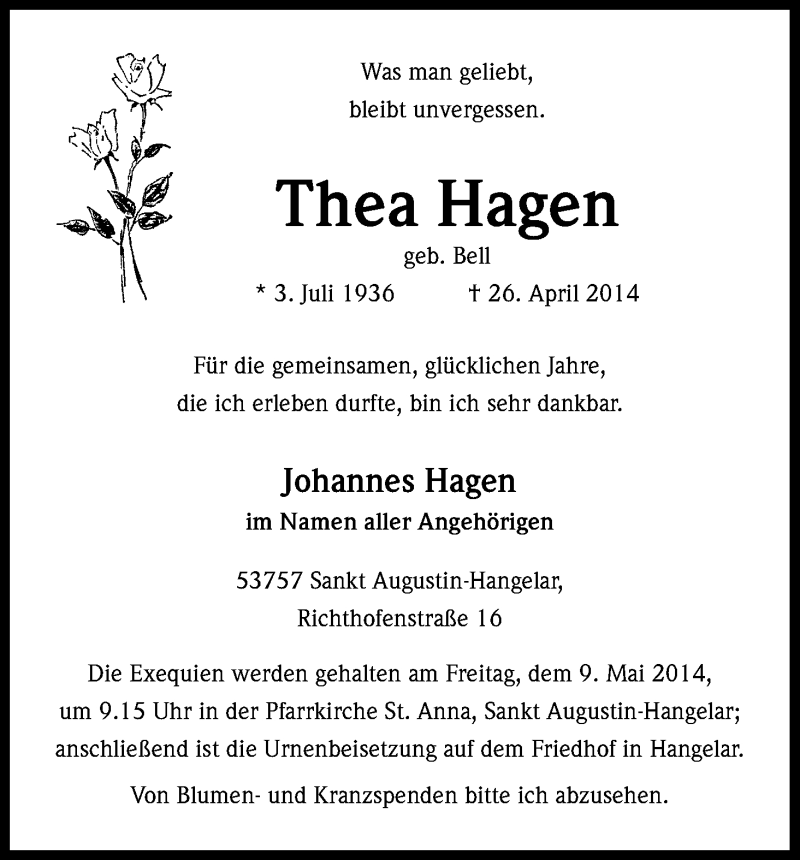  Traueranzeige für Thea Hagen vom 03.05.2014 aus Kölner Stadt-Anzeiger / Kölnische Rundschau / Express