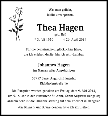 Anzeige von Thea Hagen von Kölner Stadt-Anzeiger / Kölnische Rundschau / Express