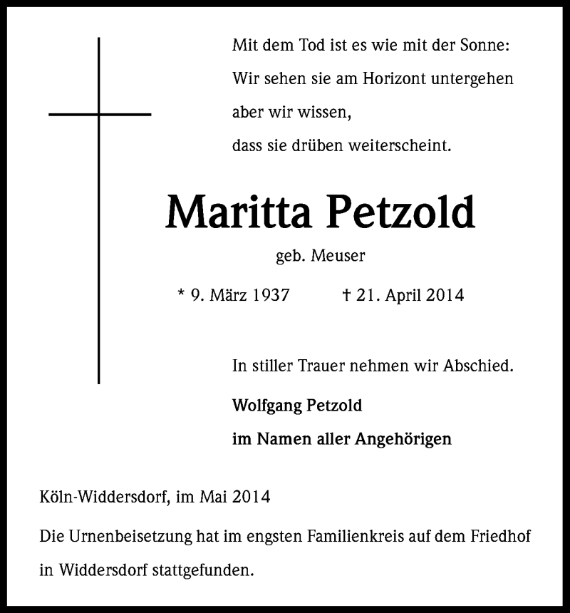  Traueranzeige für Maritta Petzold vom 03.05.2014 aus Kölner Stadt-Anzeiger / Kölnische Rundschau / Express