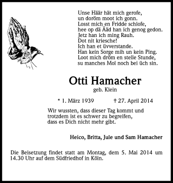 Anzeige von Otti Hamacher von Kölner Stadt-Anzeiger / Kölnische Rundschau / Express