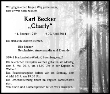 Anzeige von Karl Becker von Kölner Stadt-Anzeiger / Kölnische Rundschau / Express