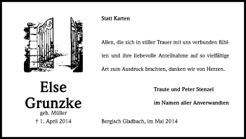 Anzeige von Else Grunzke von Kölner Stadt-Anzeiger / Kölnische Rundschau / Express