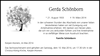 Anzeige von Gerda Schönborn von Kölner Stadt-Anzeiger / Kölnische Rundschau / Express