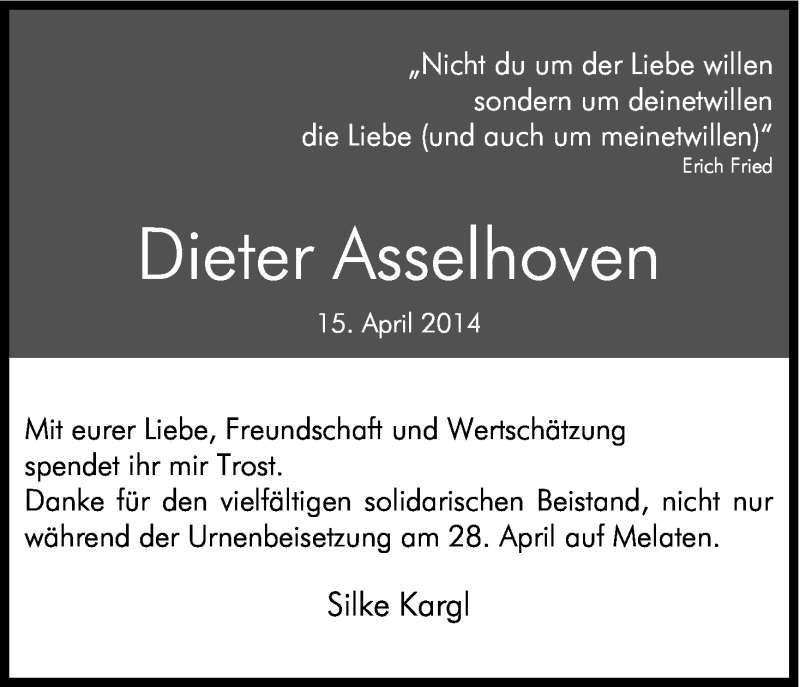  Traueranzeige für Dieter Asselhoven vom 03.05.2014 aus Kölner Stadt-Anzeiger / Kölnische Rundschau / Express