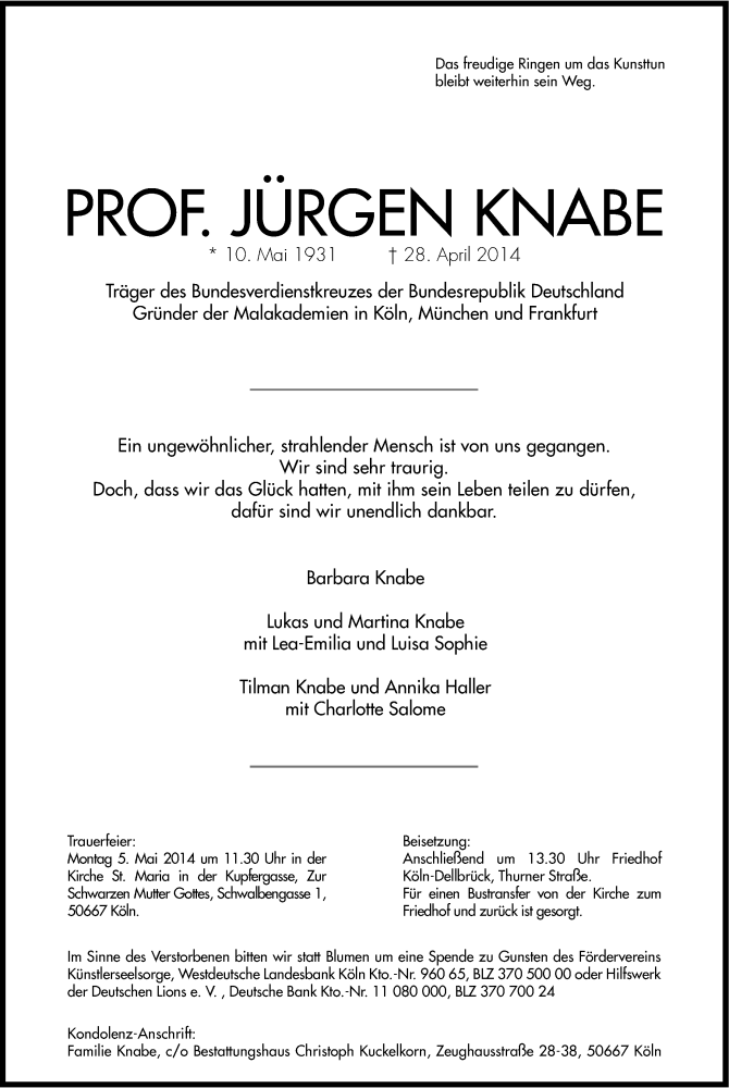  Traueranzeige für Jürgen Knabe vom 01.05.2014 aus Kölner Stadt-Anzeiger / Kölnische Rundschau / Express