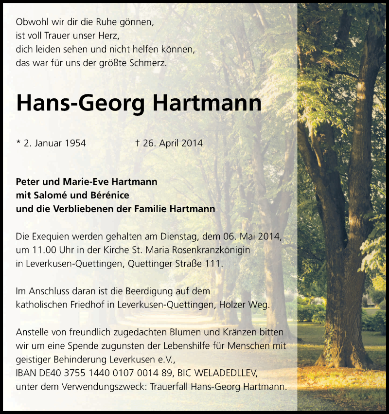  Traueranzeige für Hans-Georg Hartmann vom 03.05.2014 aus Kölner Stadt-Anzeiger / Kölnische Rundschau / Express