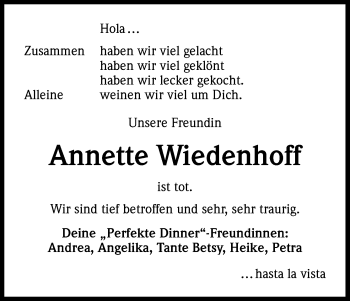 Anzeige von Annette  Wiedenhoff von Kölner Stadt-Anzeiger / Kölnische Rundschau / Express