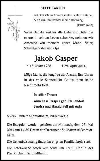 Anzeige von Jakob Casper von Kölner Stadt-Anzeiger / Kölnische Rundschau / Express