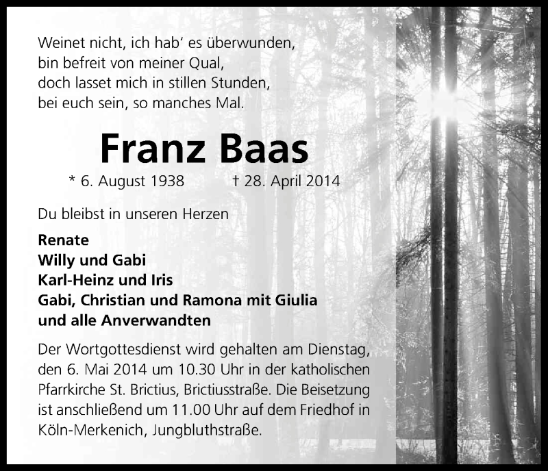  Traueranzeige für Franz Baas vom 03.05.2014 aus Kölner Stadt-Anzeiger / Kölnische Rundschau / Express