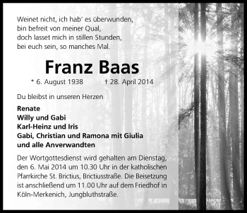 Anzeige von Franz Baas von Kölner Stadt-Anzeiger / Kölnische Rundschau / Express
