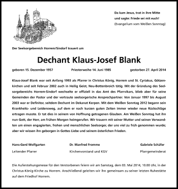 Anzeige von Klaus-Josef Blank von Kölner Stadt-Anzeiger / Kölnische Rundschau / Express
