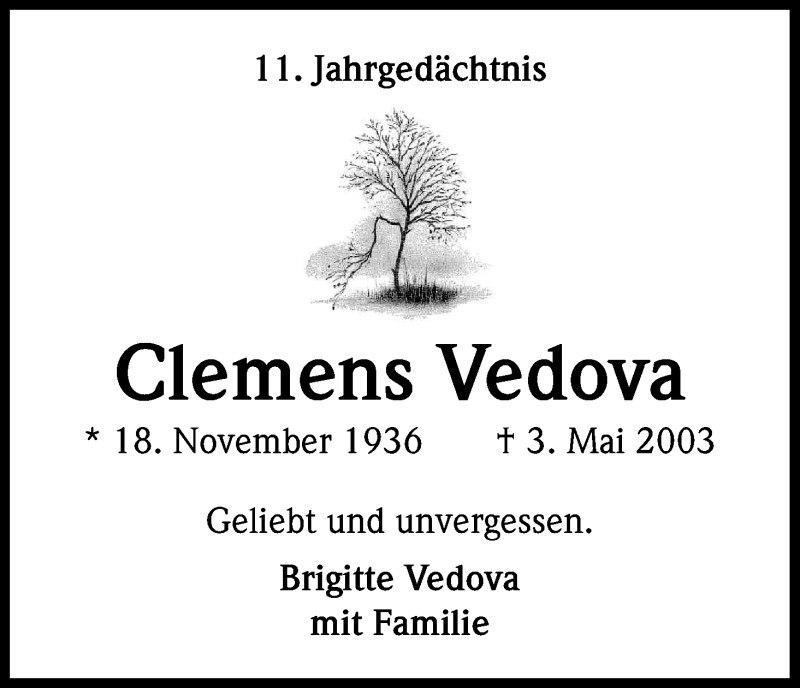  Traueranzeige für Clemens Vedova vom 03.05.2014 aus Kölner Stadt-Anzeiger / Kölnische Rundschau / Express
